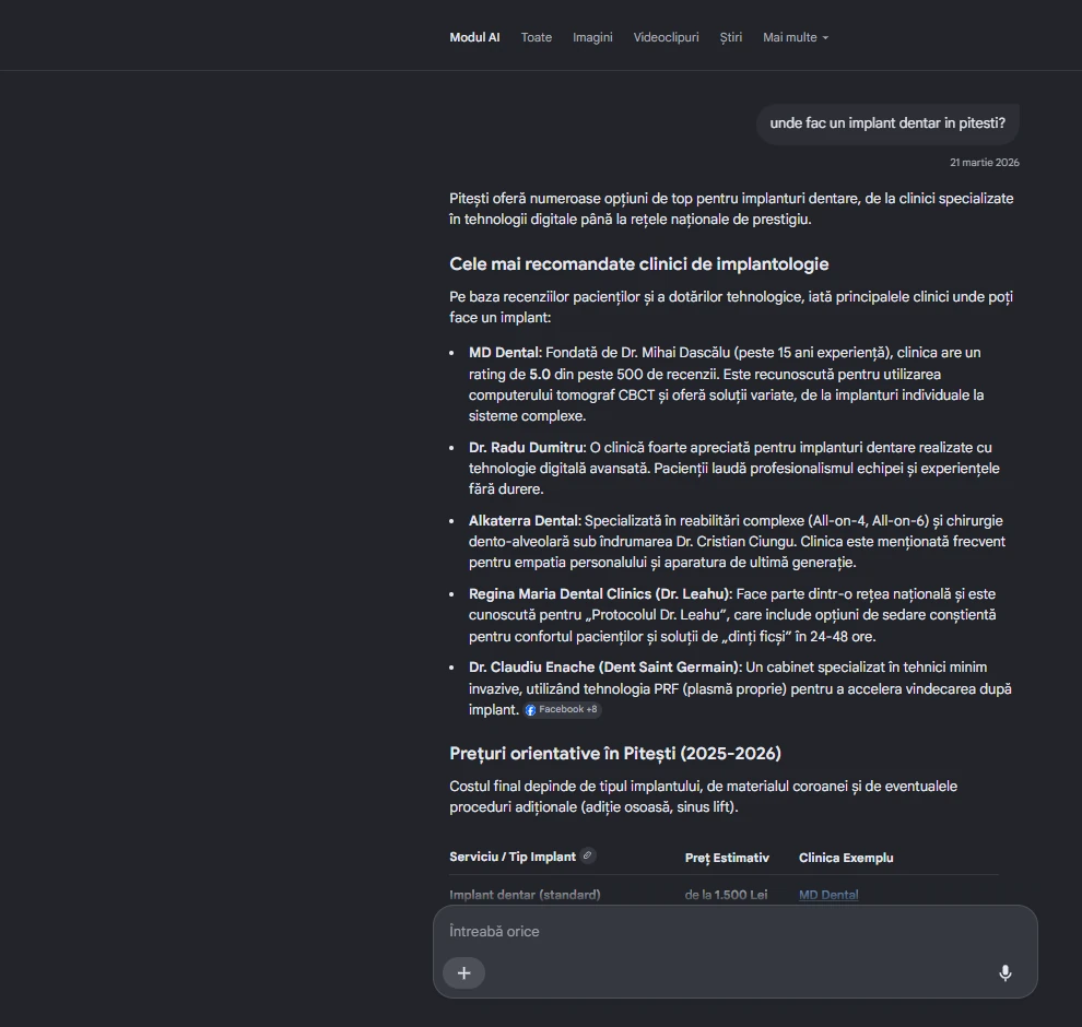 MD Dental citat în răspunsul Google AI Overview pentru implant dentar Pitești