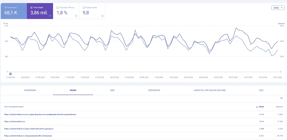 Clicuri și afișări în Google Search Console