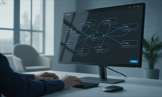 Schemă de flux cu noduri legate, pe un monitor