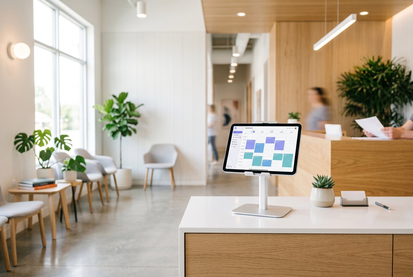 Recepție clinică modernă cu aplicația de programări pe tabletă